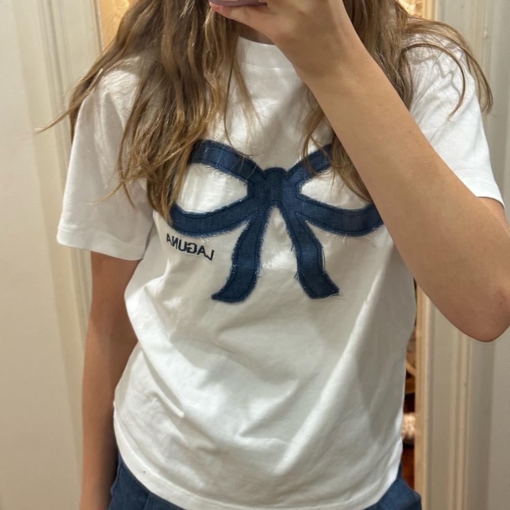 Laguna B White Tee with Navy Bow Accent